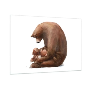 Glasbild - Bild auf glas - Eine Bärenmutter umarmt zwei kleine Bärenjungen - 100x70cm - Süße Träume, Kinder - Moderne Wanddekoration für Wohnzimmer und Schlafzimmer ARTTOR