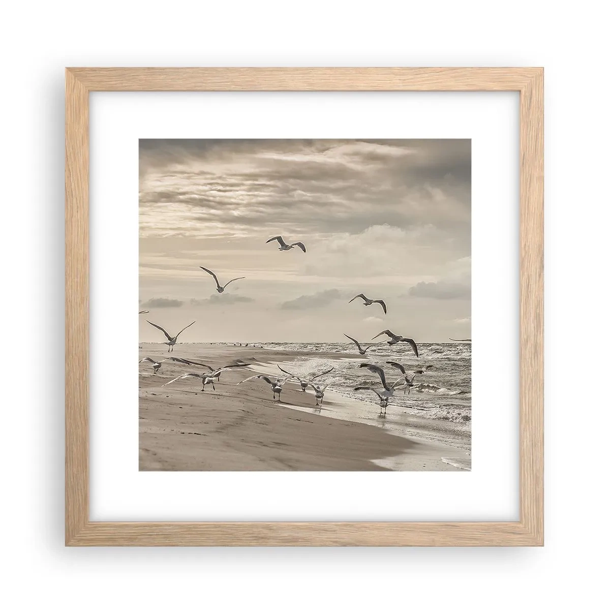 Poster in einem Rahmen aus heller Eiche - Meeresrauschen, Vogelgesang - 30x30 cm