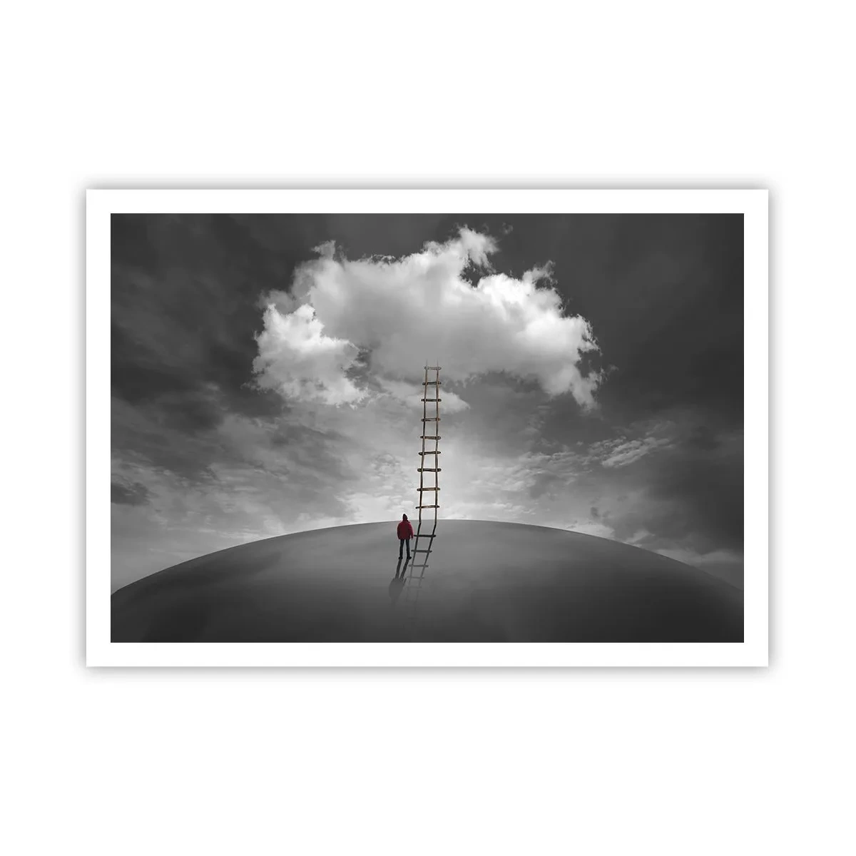 Poster - Eine Person in einem roten Mantel und eine Leiter, die zu einer Wolke führt - 100x70cm - Alles ist möglich - Moderne Wanddekoration für Wohnzimmer und Schlafzimmer ARTTOR