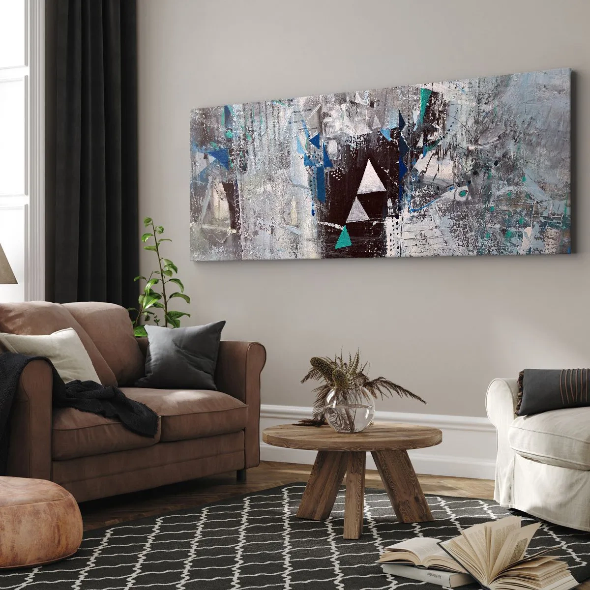 Bild auf Leinwand - Leinwandbild - Abstrakte Komposition mit Dreiecken und geometrischen Mustern - 140x50cm - Überschreibende Reihenfolge der Dreiecke - Moderne Wanddekoration für Wohnzimmer und Schlafzimmer ARTTOR