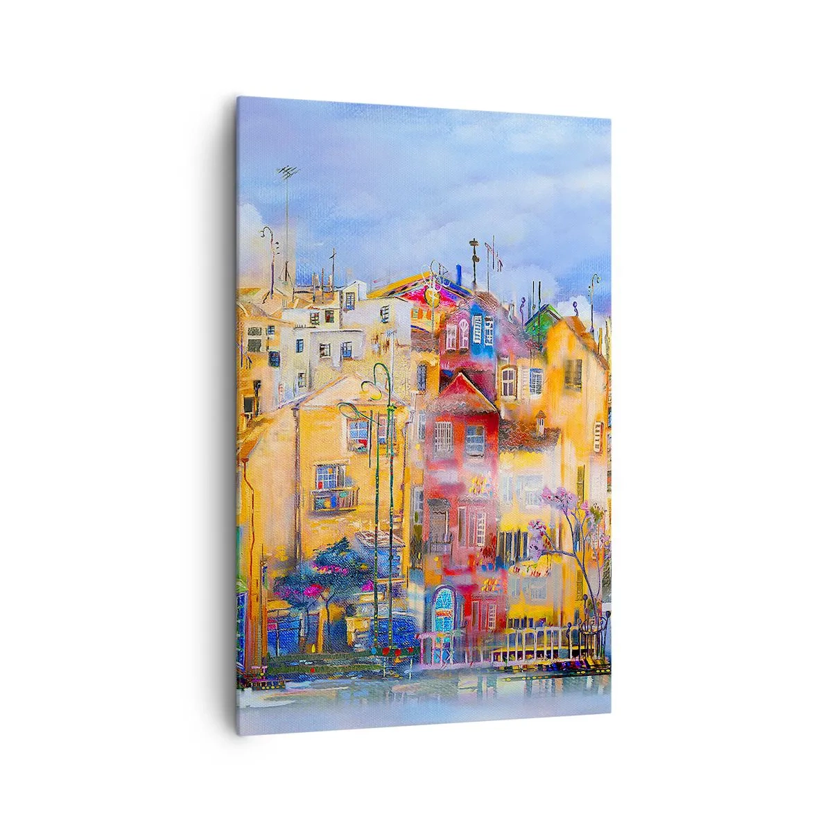 Bild auf Leinwand - Leinwandbild - Farbenfrohe Stadtgebäude im künstlerischen Stil - 80x120cm - Wir sind zusammen - Moderne Wanddekoration für Wohnzimmer und Schlafzimmer ARTTOR