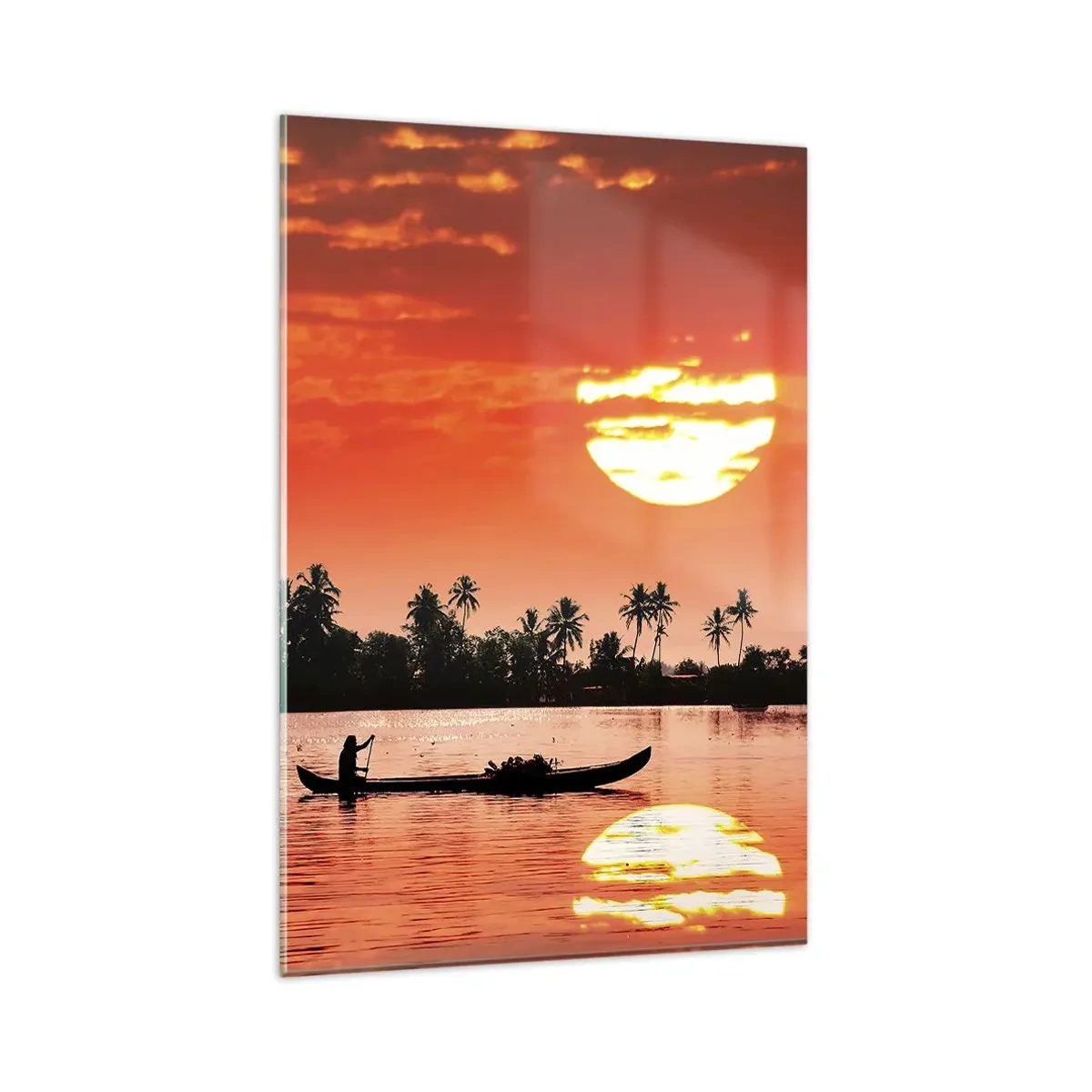 Glasbild - Bild auf glas - Tropischer Sonnenuntergang mit einem Boot und Palmen im Hintergrund - 80x120cm - Die Ruhe der Tropen bei Sonnenuntergang - Moderne Wanddekoration für Wohnzimmer und Schlafzimmer ARTTOR