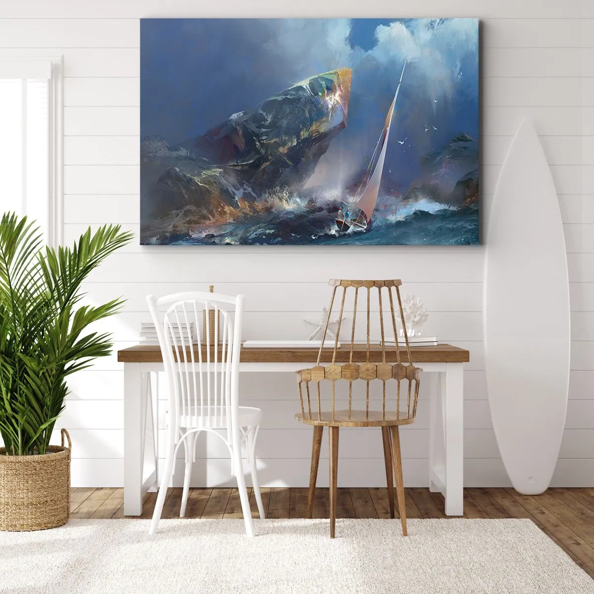 Bild auf Leinwand - Leinwandbild - Ein Segelboot im Sturm am Fuße eines massiven Felsens - 100x70cm - Wer den Mut hat, gewinnt - Moderne Wanddekoration für Wohnzimmer und Schlafzimmer ARTTOR