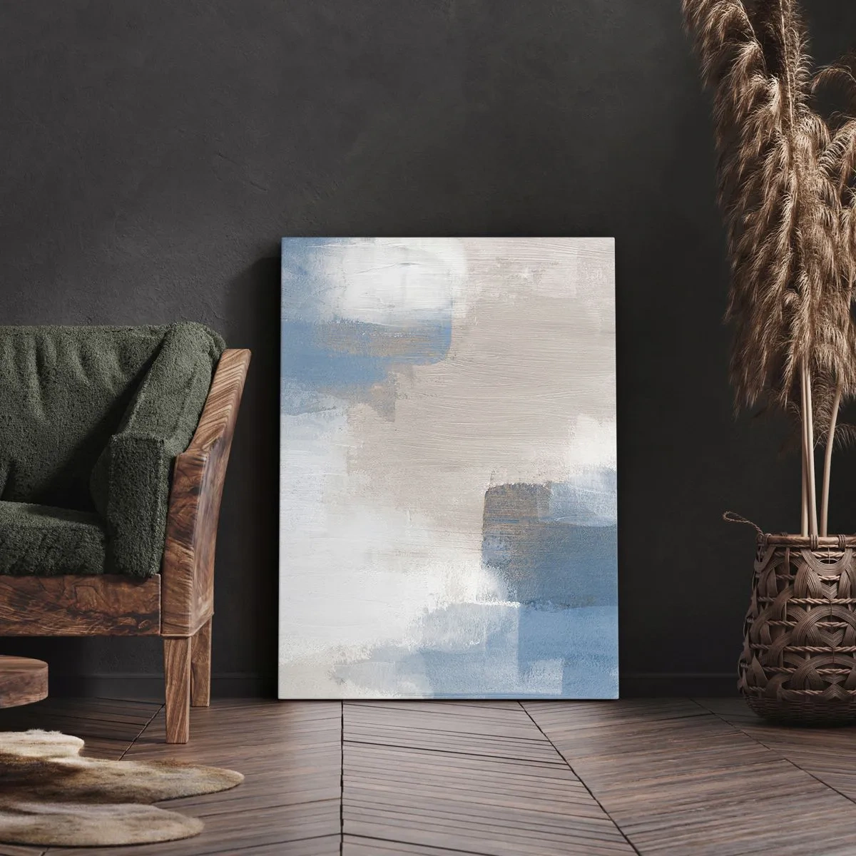 Bild auf Leinwand - Leinwandbild - Abstrakte Formen in Blau- und Beigetönen - 50x70cm - Rosa Abstraktion hinter einem blauen Vorhang - Moderne Wanddekoration für Wohnzimmer und Schlafzimmer ARTTOR