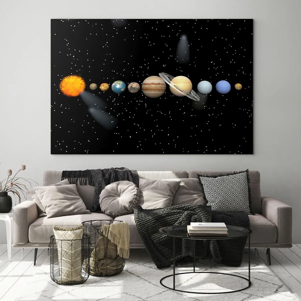 Glasbild - Bild auf glas - Das Sonnensystem vor dem Hintergrund der Sterne im Weltraum - 70x50cm - Und die Planeten werden verrückt und toben ... - Moderne Wanddekoration für Wohnzimmer und Schlafzimmer ARTTOR
