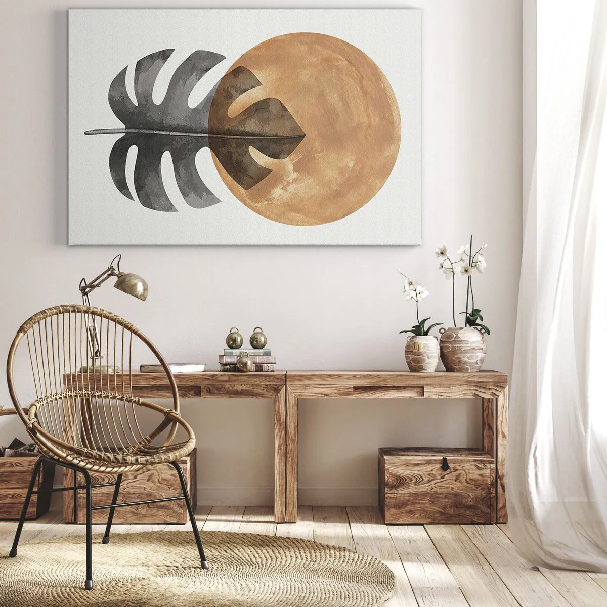Bild auf Leinwand - Leinwandbild - Monstera-Blatt und goldener Kreis auf hellem Hintergrund - 70x50cm - Immer die Sonne - Moderne Wanddekoration für Wohnzimmer und Schlafzimmer ARTTOR