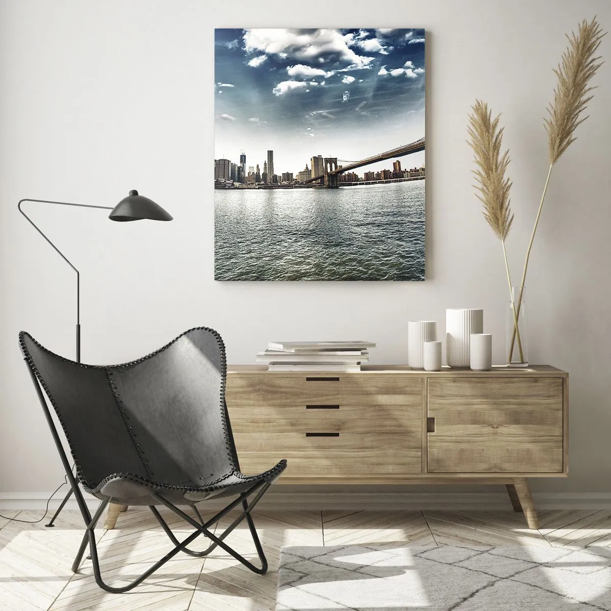 Glasbild - Bild auf glas - Panorama der Stadt mit einer Brücke vor dem blauen Himmel - 80x120cm - Glasinsel - Moderne Wanddekoration für Wohnzimmer und Schlafzimmer ARTTOR