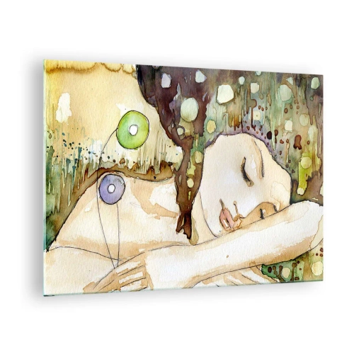 Glasbild - Bild auf glas - Eine schlafende Frau in einem künstlerischen Aquarellgemälde in warmen Farben. - 70x50cm - Ein smaragd-violetter Traum - Moderne Wanddekoration für Wohnzimmer und Schlafzimmer ARTTOR
