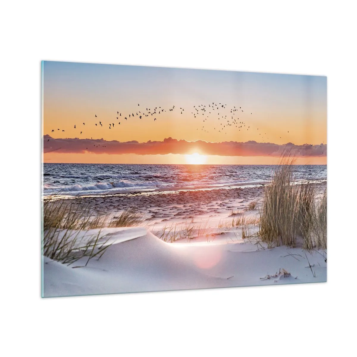 Glasbild - Bild auf glas - Sonnenuntergang über dem Meer mit Vögeln und Sanddünen - 100x70cm - Horizontale Landschaft - Moderne Wanddekoration für Wohnzimmer und Schlafzimmer ARTTOR