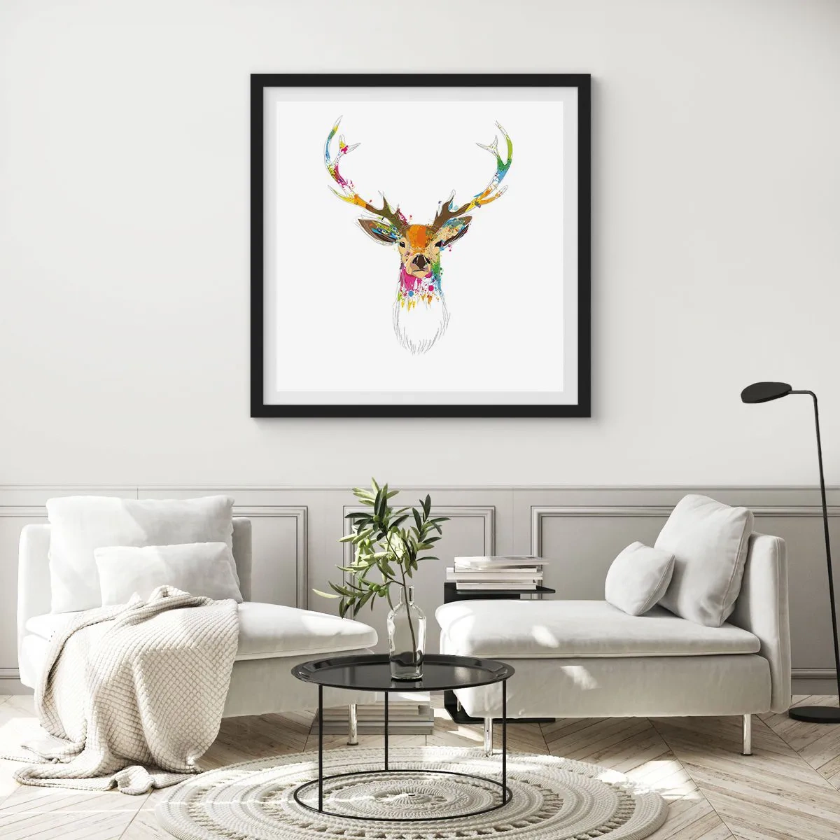 Poster in einem schwarzem Rahmen - Ein mildes Reh in Farbe getaucht - 60x60 cm
