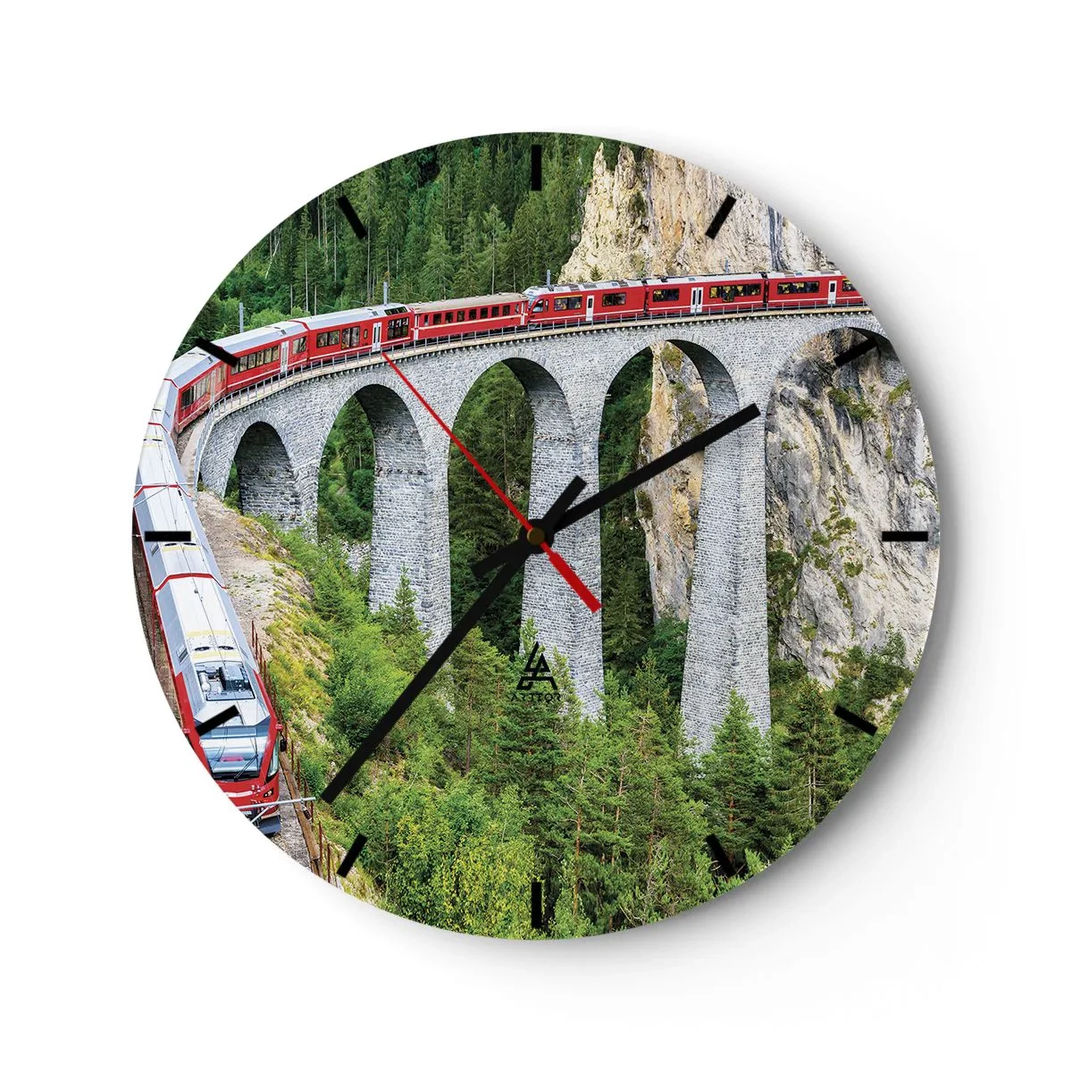 Wanduhr - Glasuhr - Ein roter Zug auf einem Viadukt zwischen Bergwäldern - 30x30cm - Eisenbahn für Bergblick - Moderne Wanddekoration für Wohnzimmer, Küche und Schlafzimmer ARTTOR