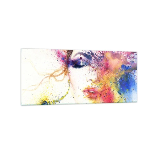 Glasbild - Bild auf glas - Ein künstlerisches Frauenportrait in ausdrucksstarken Aquarellfarben. - 120x50cm - Regenbogenschwindel - Moderne Wanddekoration für Wohnzimmer und Schlafzimmer ARTTOR