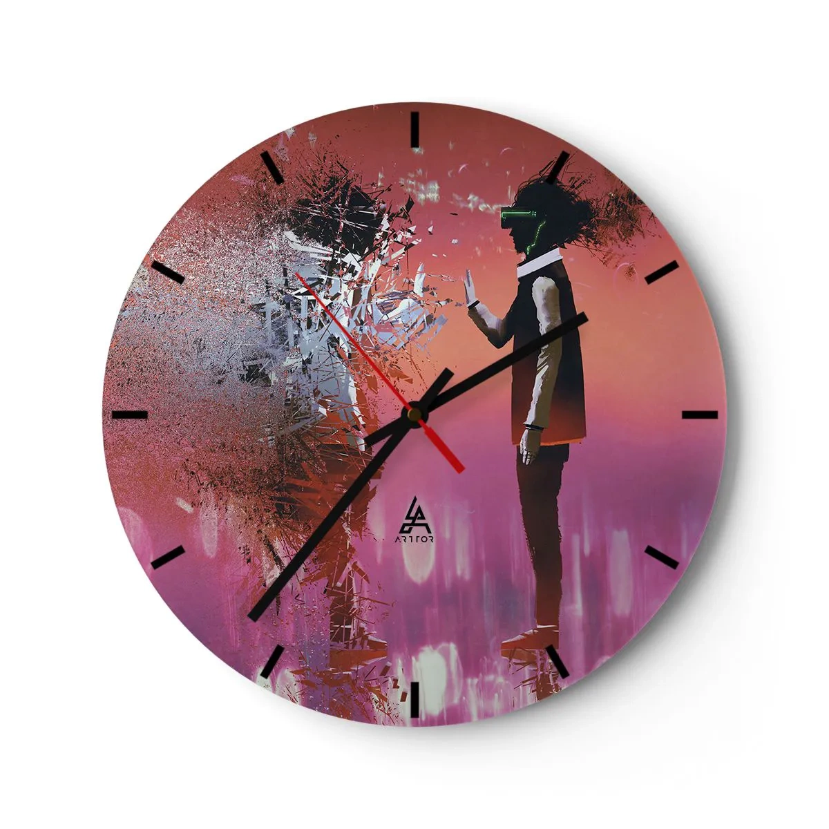 Wanduhr - Glasuhr - Eine Figur mit VR-Brille in einer futuristischen, rosa Welt - 30x30cm - Kannst du dich selbst anschauen? - Moderne Wanddekoration für Wohnzimmer, Küche und Schlafzimmer ARTTOR