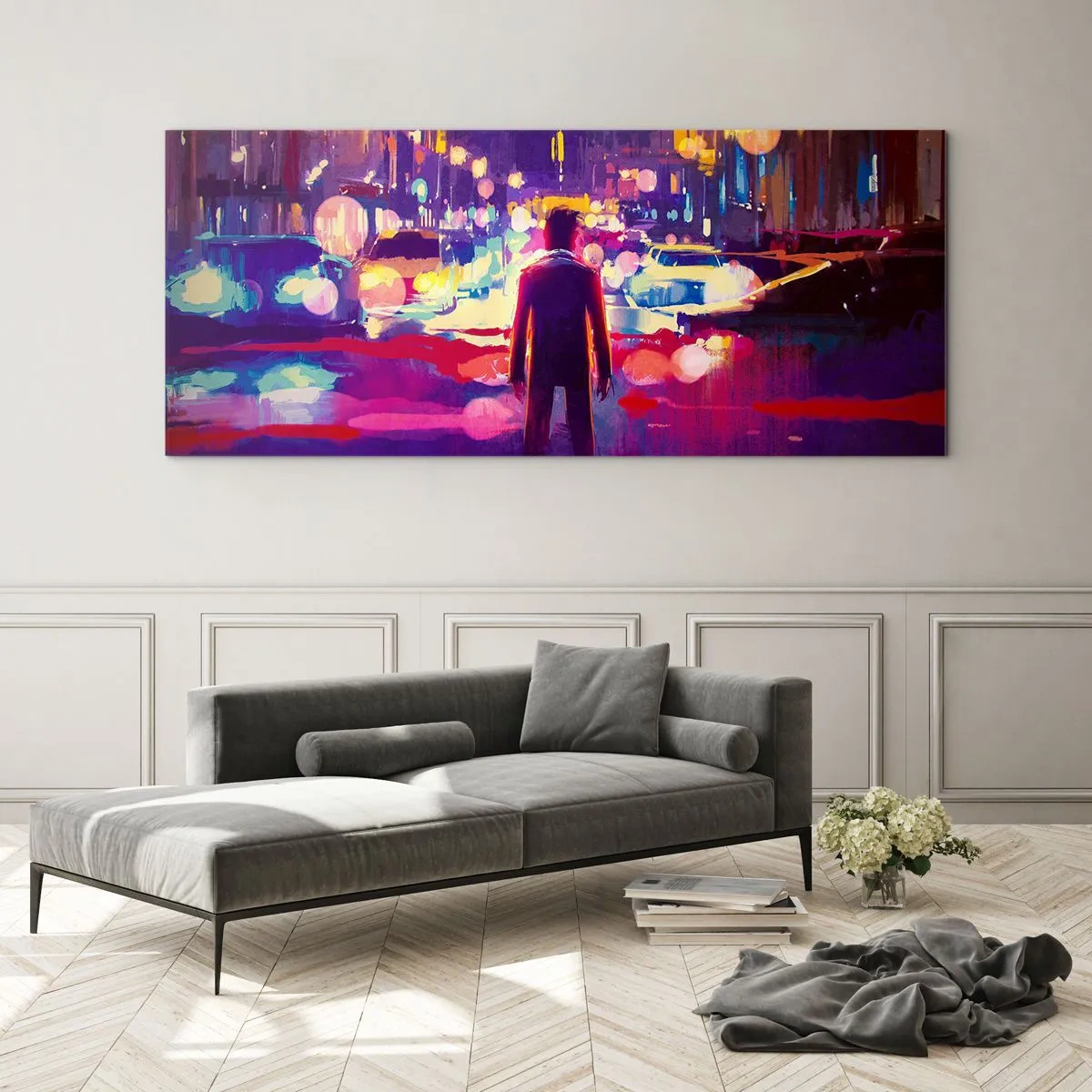 Glasbild - Bild auf glas - Ein Mann in einer neonfarbenen Nachtszene einer Stadt - 160x50cm - Eingetaucht in das Licht - Moderne Wanddekoration für Wohnzimmer und Schlafzimmer ARTTOR