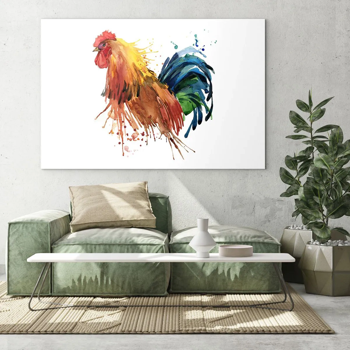 Glasbild - Bild auf glas - Aquarell Hahn in lebendigen Farben auf weißem Hintergrund - 70x50cm - Königliches Gewand, königlicher Stolz - Moderne Wanddekoration für Wohnzimmer und Schlafzimmer ARTTOR