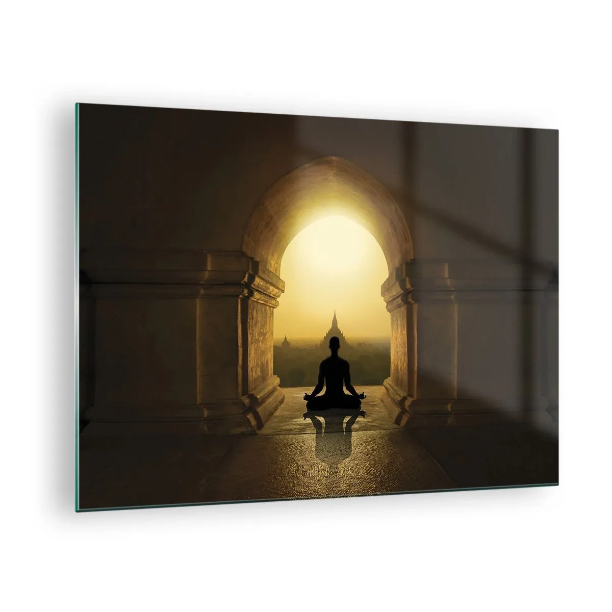 Glasbild - Bild auf glas - Silhouette einer meditierenden Person im Licht der untergehenden Sonne in einem architektonischen Bogen - 70x50cm - Vollkommene Harmonie - Moderne Wanddekoration für Wohnzimmer und Schlafzimmer ARTTOR