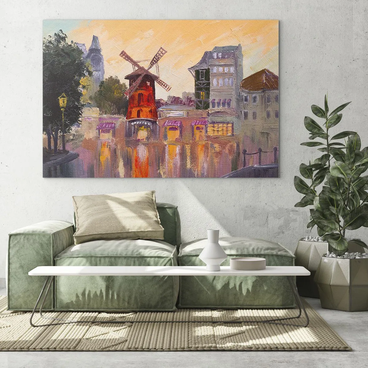 Glasbild - Bild auf glas - Die rote Windmühle des Moulin Rouge zwischen Pariser Mietshäusern - 120x80cm - Pariser Ikonen – Moulin Rouge - Moderne Wanddekoration für Wohnzimmer und Schlafzimmer ARTTOR