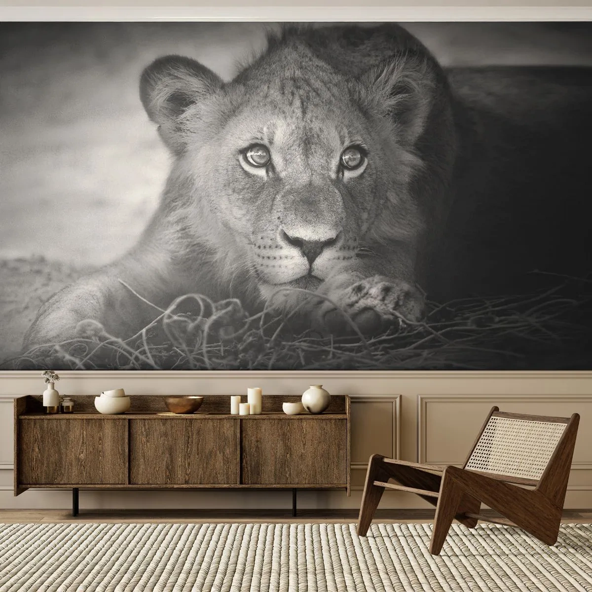 Fototapete Premium Canvas - Königlicher Welpe - Tiere, Löwe, Schwarz und weiß - 150x105 cm