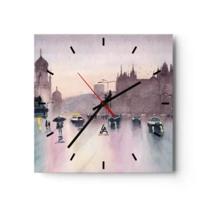Wanduhr - Glasuhr - Eine Stadtstraße in der Abenddämmerung im Aquarellstil - 30x30cm - Im regnerischen Dunst - Moderne Wanddekoration für Wohnzimmer und Schlafzimmer ARTTOR