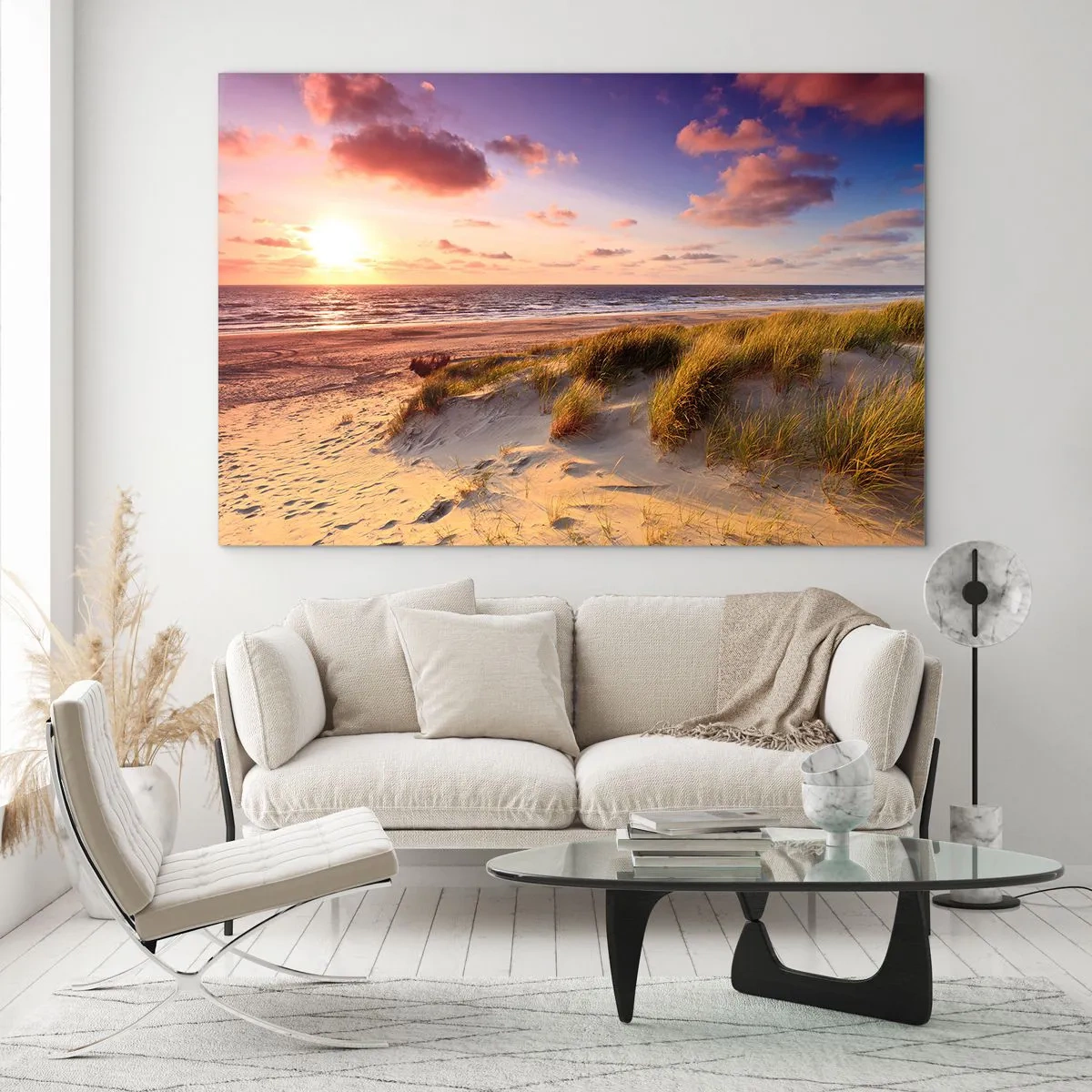 Glasbild - Bild auf glas - Strand mit Dünen bei Sonnenuntergang - 120x80cm - Die Luft riecht schon im Sommer - Moderne Wanddekoration für Wohnzimmer und Schlafzimmer ARTTOR