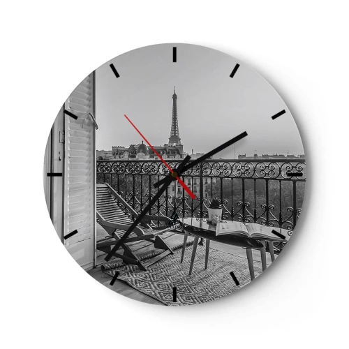 Wanduhr - Glasuhr - Blick vom Balkon des Eiffelturms in Schwarzweiß - 30x30cm - Pariser Nachmittag - Moderne Wanddekoration für Wohnzimmer, Küche und Schlafzimmer ARTTOR