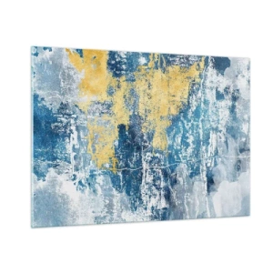 Glasbild - Bild auf glas - Blaue und gelbe Abstraktion mit einem Distressed- und Struktureffekt - 100x70cm - Abstraktion voller Wetter - Moderne Wanddekoration für Wohnzimmer und Schlafzimmer ARTTOR
