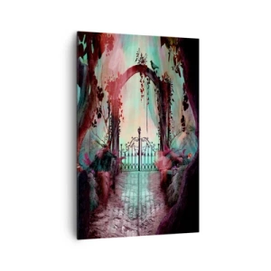 Bild auf Leinwand - Leinwandbild - Ein magischer Eingang mit einem schmiedeeisernen Tor, umgeben von geheimnisvoller Vegetation - 80x120cm - Geheimer Garten - Moderne Wanddekoration für Wohnzimmer und Schlafzimmer ARTTOR