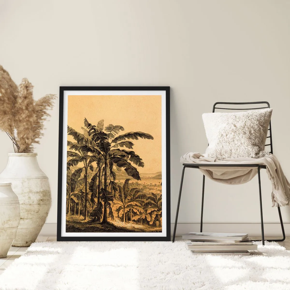 Poster in einem schwarzem Rahmen - Illustration von Palmen vor einem tropischen Landschaftshintergrund - 50x70cm - in einem kolonialen Klima - Moderne Wanddekoration für Wohnzimmer und Schlafzimmer ARTTOR
