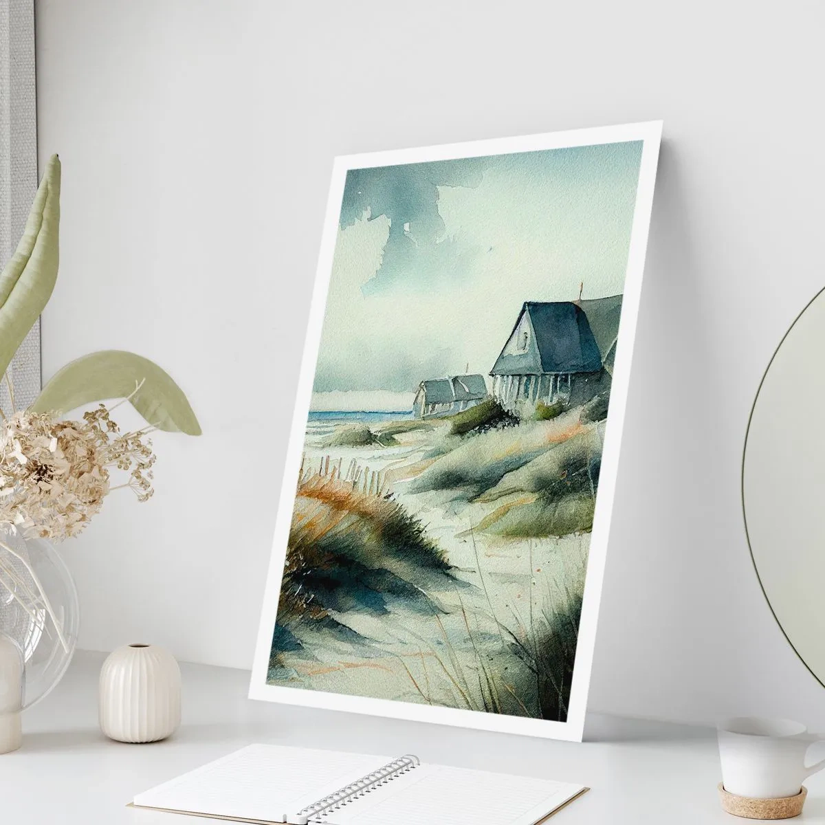 Poster - Aquarell-Strandhaus mit Meerblick - 50x70cm - Abseits vom Trubel - Moderne Wanddekoration für Wohnzimmer und Schlafzimmer ARTTOR