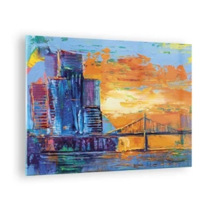 Glasbild - Bild auf glas - Die farbenfrohe Stadt und die Brücke im Schein der untergehenden Sonne - 70x50cm - Kultur und Natur - Moderne Wanddekoration für Wohnzimmer und Schlafzimmer ARTTOR