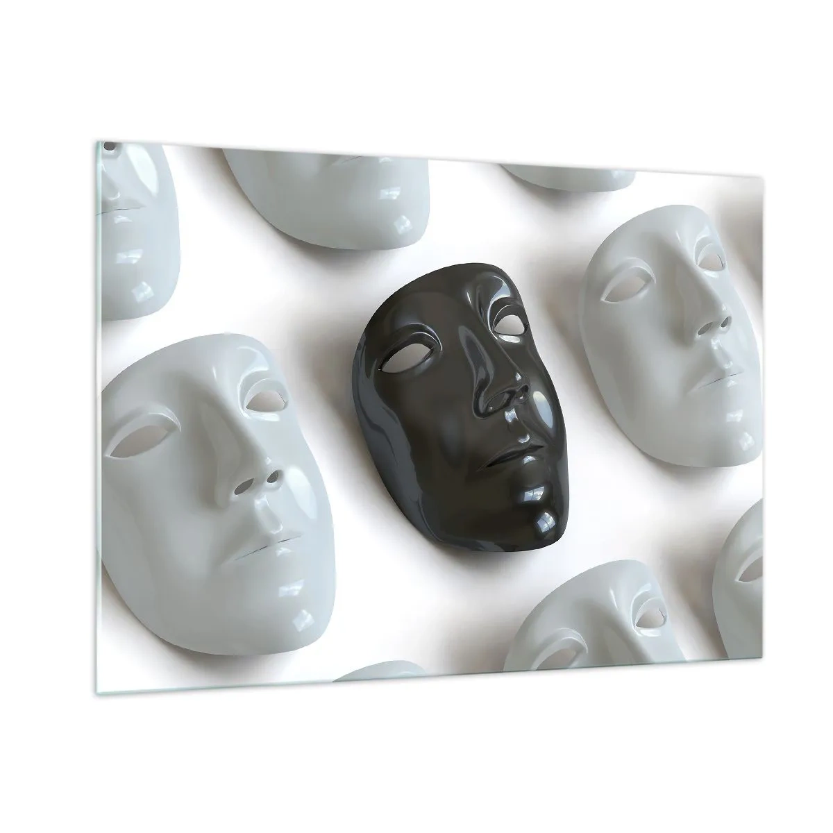 Glasbild - Bild auf glas - Eine schwarz-weiße Maske vor einem Hintergrund aus weißen Masken auf hellem Hintergrund - 100x70cm - Wie hebt man sich ab? - Moderne Wanddekoration für Wohnzimmer und Schlafzimmer ARTTOR