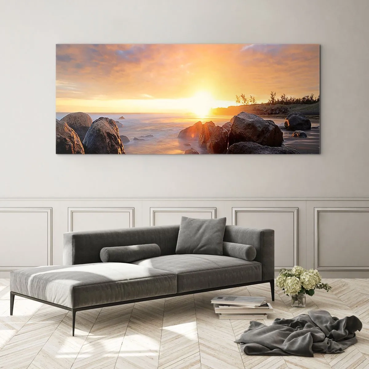 Glasbild - Bild auf glas - Sonnenuntergang über der felsigen Küste - 120x50cm - Leuchtende Brise des Abends - Moderne Wanddekoration für Wohnzimmer und Schlafzimmer ARTTOR