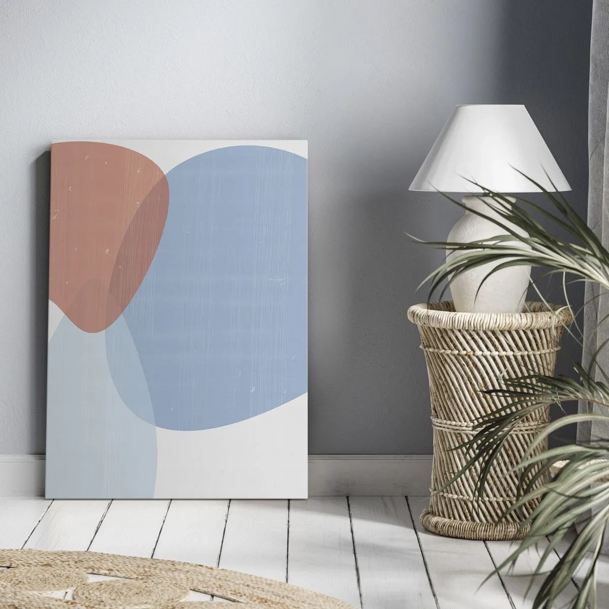 Bild auf Leinwand - Leinwandbild - Eine abstrakte Komposition in Pastelltönen von Blau und Rosa mit organischen Formen. - 50x70cm - Pastellbeziehungen - Moderne Wanddekoration für Wohnzimmer und Schlafzimmer ARTTOR