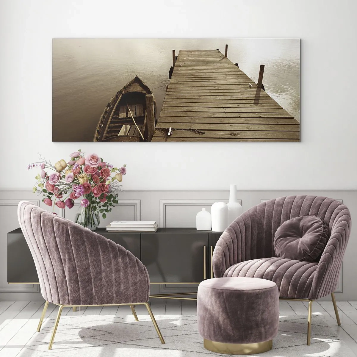 Glasbild - Bild auf glas - Holzsteg und Boot auf einem ruhigen See - 120x50cm - Großer Frieden - Moderne Wanddekoration für Wohnzimmer und Schlafzimmer ARTTOR