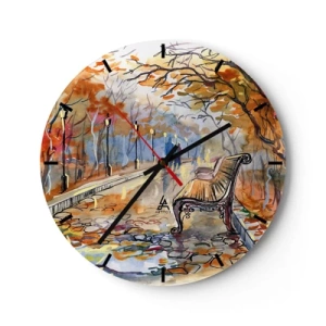 Wanduhr - Glasuhr - Herbstpark mit einer Bank im Aquarellstil - 30x30cm - Gemeinsam im Herbst wandern - Moderne Wanddekoration für Wohnzimmer, Küche und Schlafzimmer ARTTOR