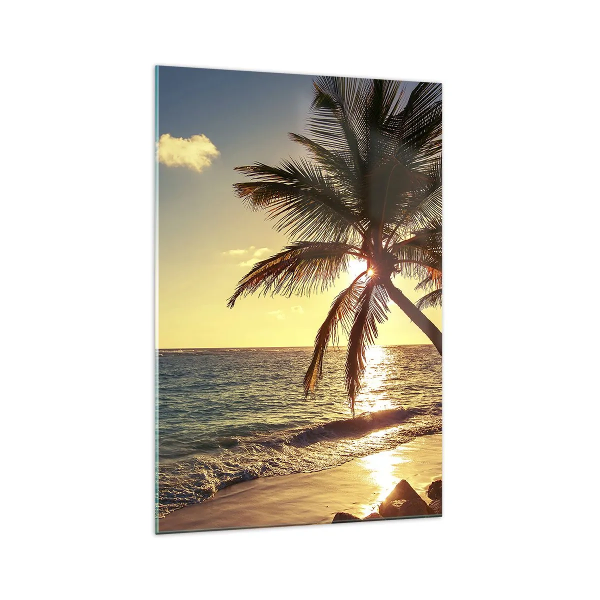 Glasbild - Bild auf glas - Tropischer Sonnenuntergang über einem Strand mit Palmen - 70x100cm - Sommer unter Palmen - Moderne Wanddekoration für Wohnzimmer und Schlafzimmer ARTTOR