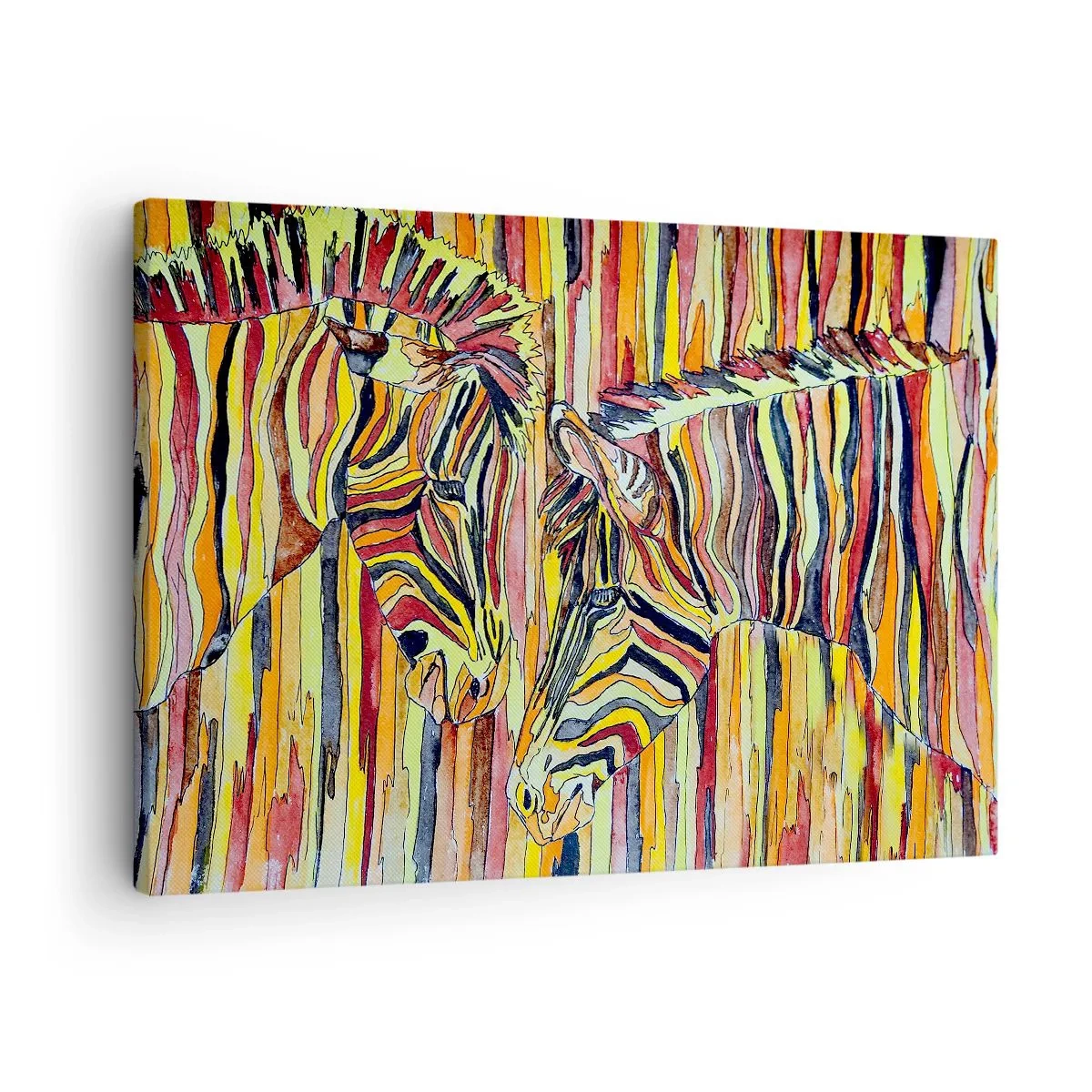 Bild auf Leinwand - Leinwandbild - Bunte Zebras vor einem Hintergrund aus abstrakten Streifen - 70x50cm - Also du auch... - Moderne Wanddekoration für Wohnzimmer und Schlafzimmer ARTTOR