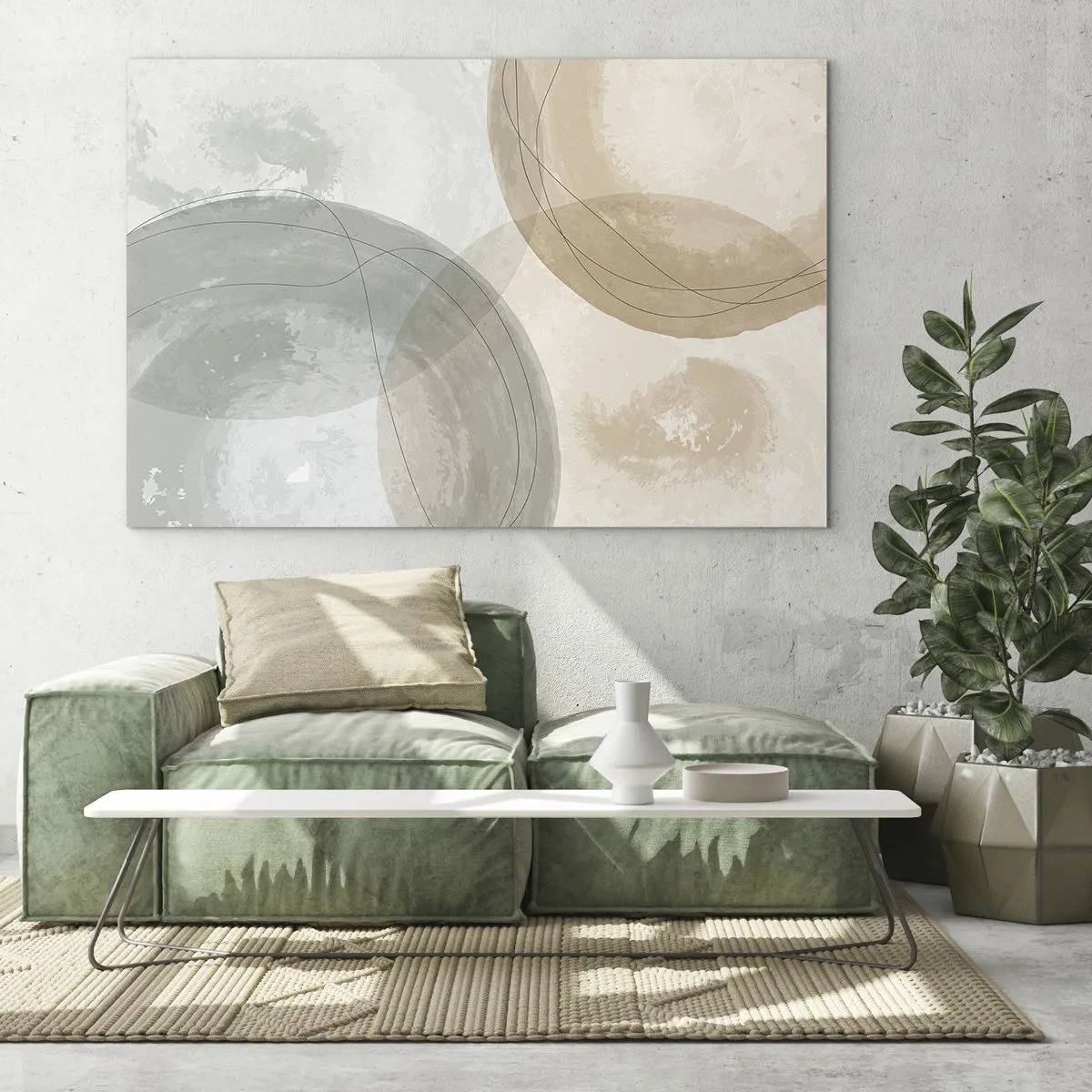 Glasbild - Bild auf glas - Pastellfarbene Kreise und Linien in dezenter Komposition - 70x50cm - Welten durchdringen - Moderne Wanddekoration für Wohnzimmer und Schlafzimmer ARTTOR
