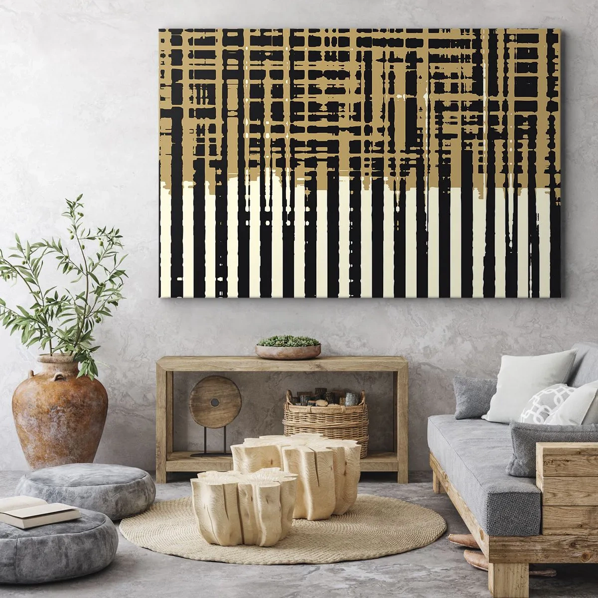 Bild auf Leinwand - Leinwandbild - Abstrakte Linien in Schwarz, Beige und Weiß - 100x70cm - Architektonische Abstraktion - Moderne Wanddekoration für Wohnzimmer und Schlafzimmer ARTTOR