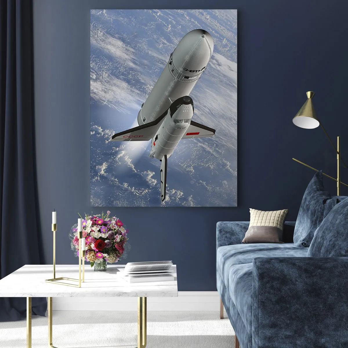 Glasbild - Bild auf glas - Eine Weltraumrakete steigt vor dem Hintergrund der Erde auf - 70x100cm - Kosmischer Aufstieg - Moderne Wanddekoration für Wohnzimmer und Schlafzimmer ARTTOR