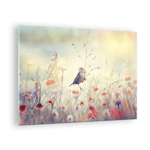 Glasbild - Bild auf glas - Ein Vogel auf einer Blumenwiese im Sonnenschein - 70x50cm - Vogelporträt mit einer Wiese im Hintergrund - Moderne Wanddekoration für Wohnzimmer und Schlafzimmer ARTTOR