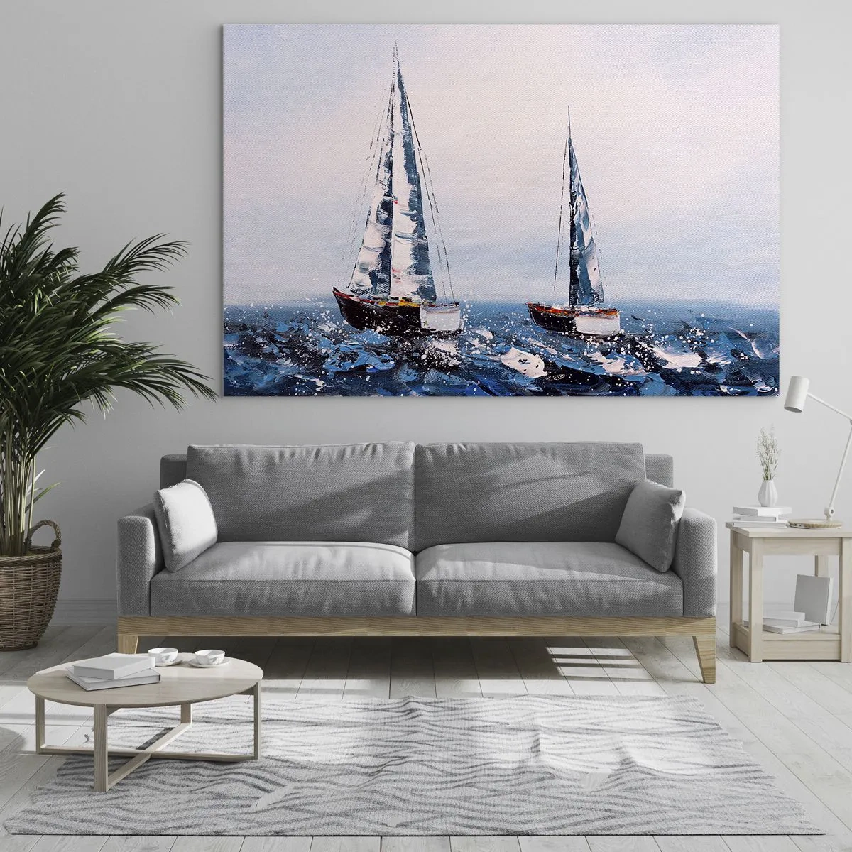 Glasbild - Bild auf glas - Zwei Yachten auf stürmischer See im impressionistischen Malstil. - 70x50cm - Bruderschaft des Windes - Moderne Wanddekoration für Wohnzimmer und Schlafzimmer ARTTOR