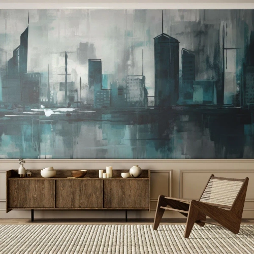 Fototapete Premium Sand - Eine moderne Skyline in kühlen, regnerischen Farben - 100x70cm - Eine Stadt in der Farbe des Regens - Moderne Wanddekoration für Wohnzimmer und Schlafzimmer ARTTOR