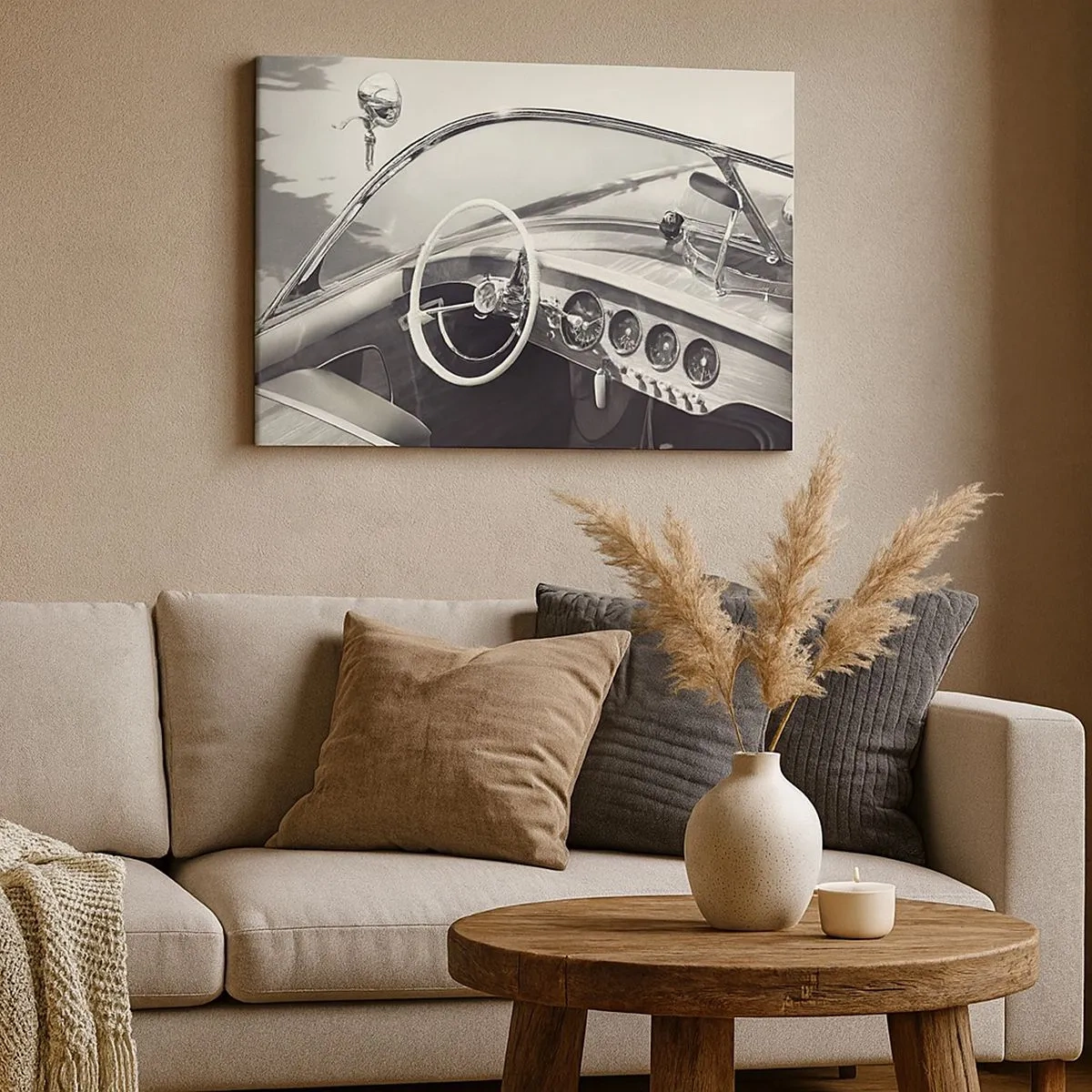 Bild auf Leinwand - Leinwandbild - Oldtimer-Innenraum im monochromen Stil - 70x50cm - Wetter für die Reichen - Moderne Wanddekoration für Wohnzimmer und Schlafzimmer ARTTOR