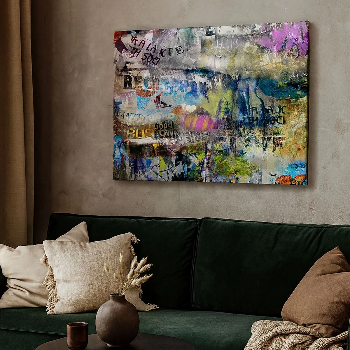 Bild auf Leinwand - Leinwandbild - Abstrakte Collage mit Text und verschiedenen Farben - 70x50cm - Collage aus Erinnerungen - Moderne Wanddekoration für Wohnzimmer und Schlafzimmer ARTTOR