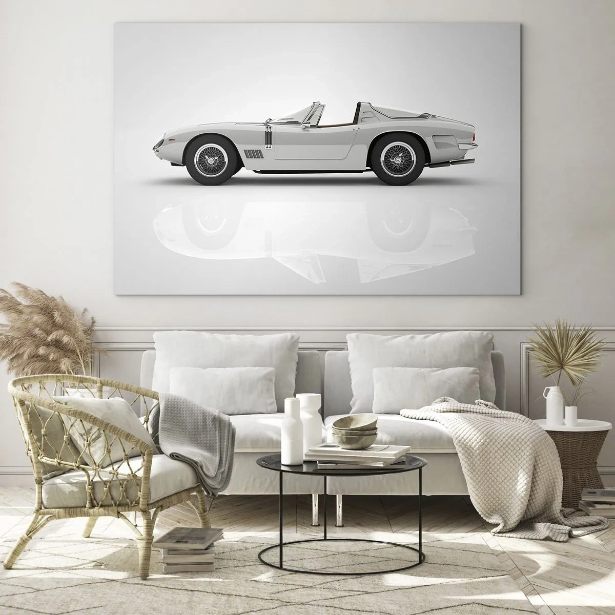 Glasbild - Bild auf glas - Ein klassisches weißes Cabrio vor minimalistischem Hintergrund mit Reflexionen. - 70x50cm - Spaß versprochen - Moderne Wanddekoration für Wohnzimmer und Schlafzimmer ARTTOR