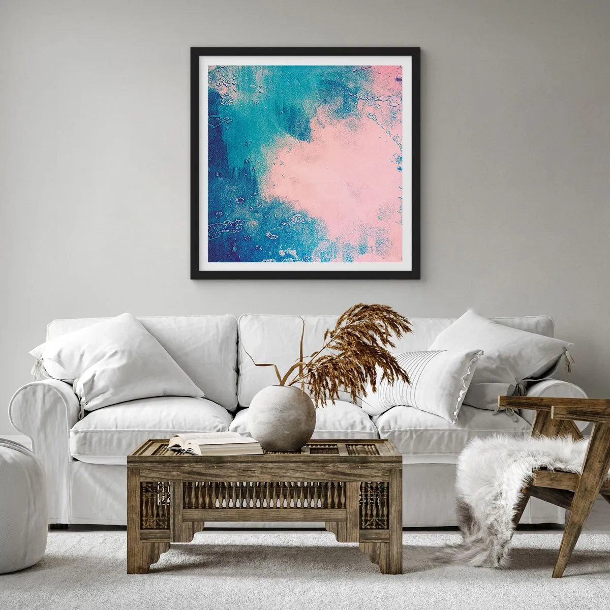 Poster in einem schwarzem Rahmen - Himmelsblaue Umarmungen - 50x50 cm