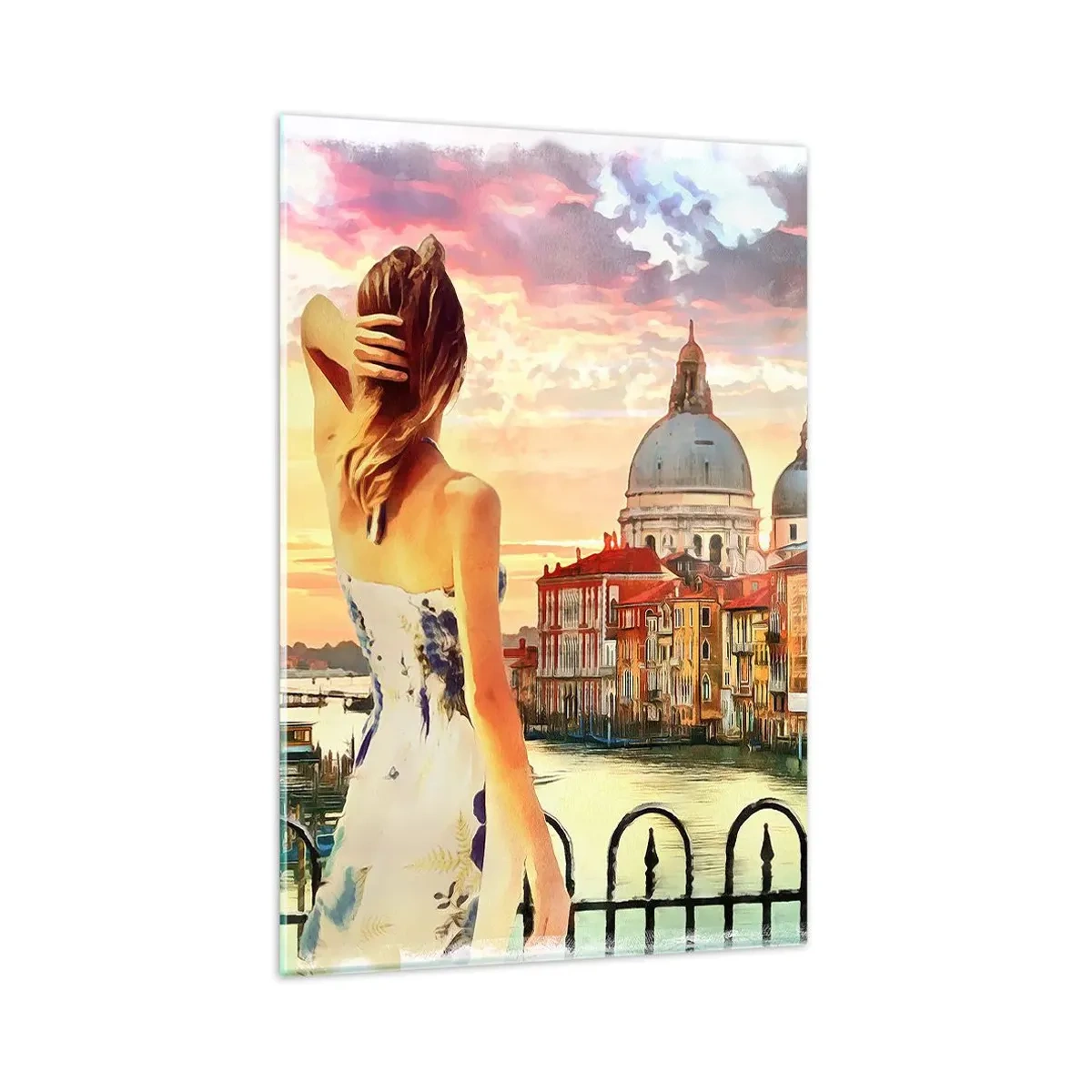 Glasbild - Bild auf glas - Eine Frau bewundert die malerische Landschaft am Kanal - 80x120cm - Als Abenteuer nur in ... - Moderne Wanddekoration für Wohnzimmer und Schlafzimmer ARTTOR