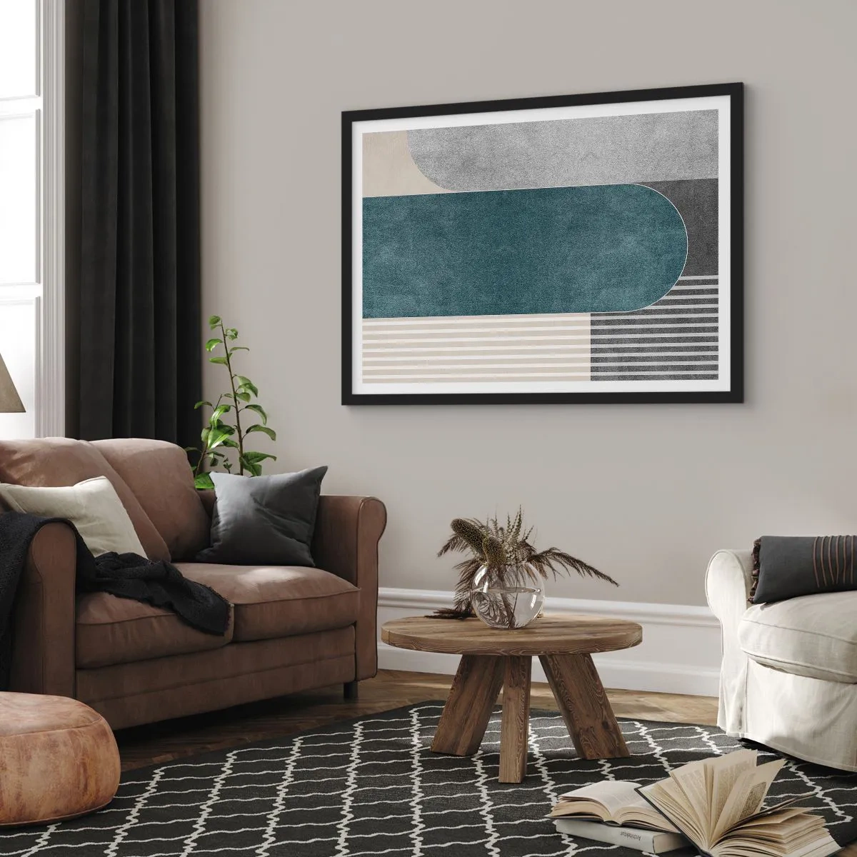 Poster in einem schwarzem Rahmen - Geometrische Abstraktion in Grau- und Grüntönen - 70x50cm - Komposition auf der Ebene - Moderne Wanddekoration für Wohnzimmer und Schlafzimmer ARTTOR