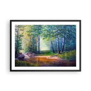 Poster in einem schwarzem Rahmen - Ein Waldbach, umgeben von Birken und Sonnenschein - 70x50cm - Idyllische Landschaft - Moderne Wanddekoration für Wohnzimmer und Schlafzimmer ARTTOR